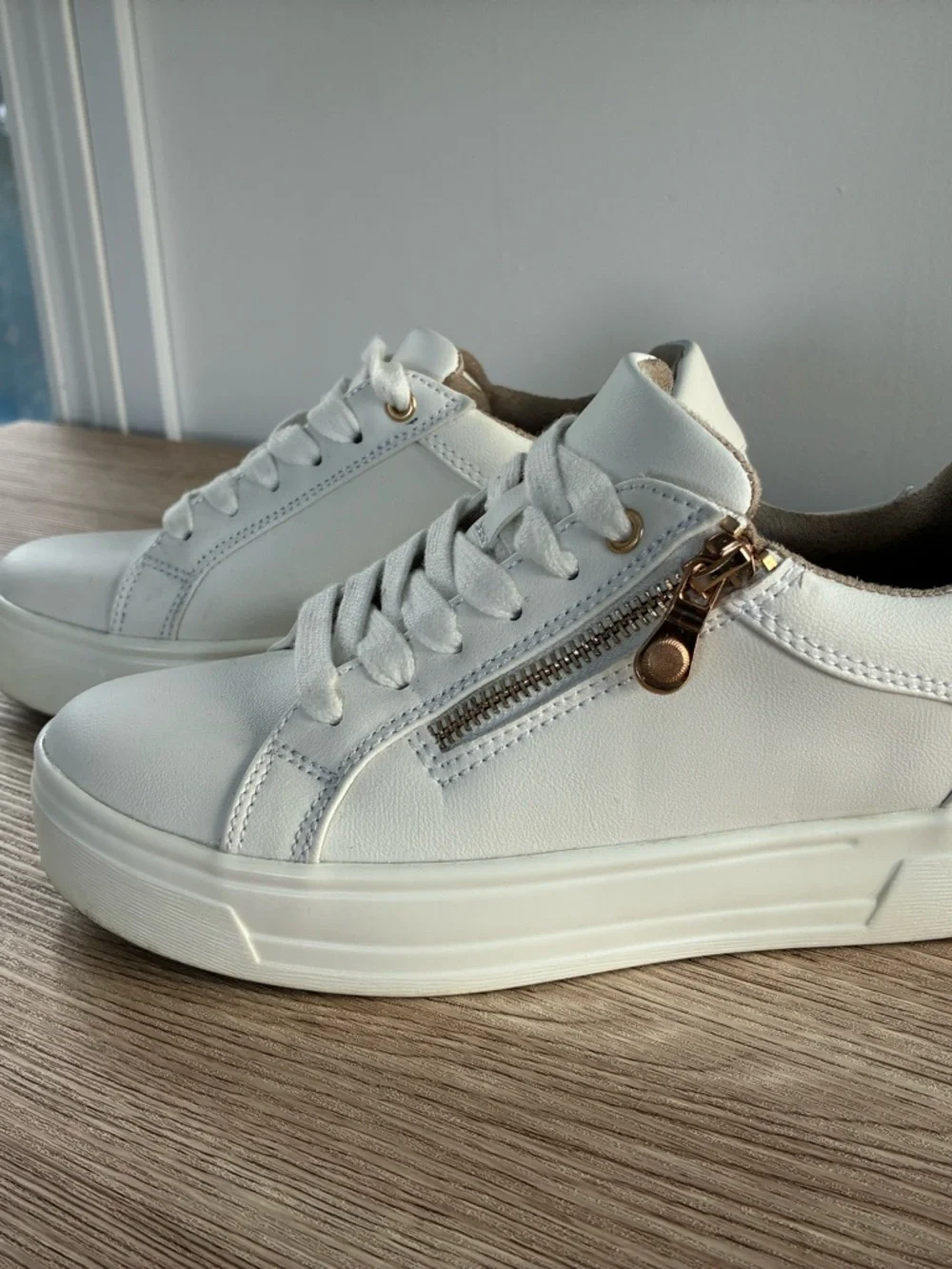 Women’s White Sneakers with Rose Gold Trim - Picture 2 of 5